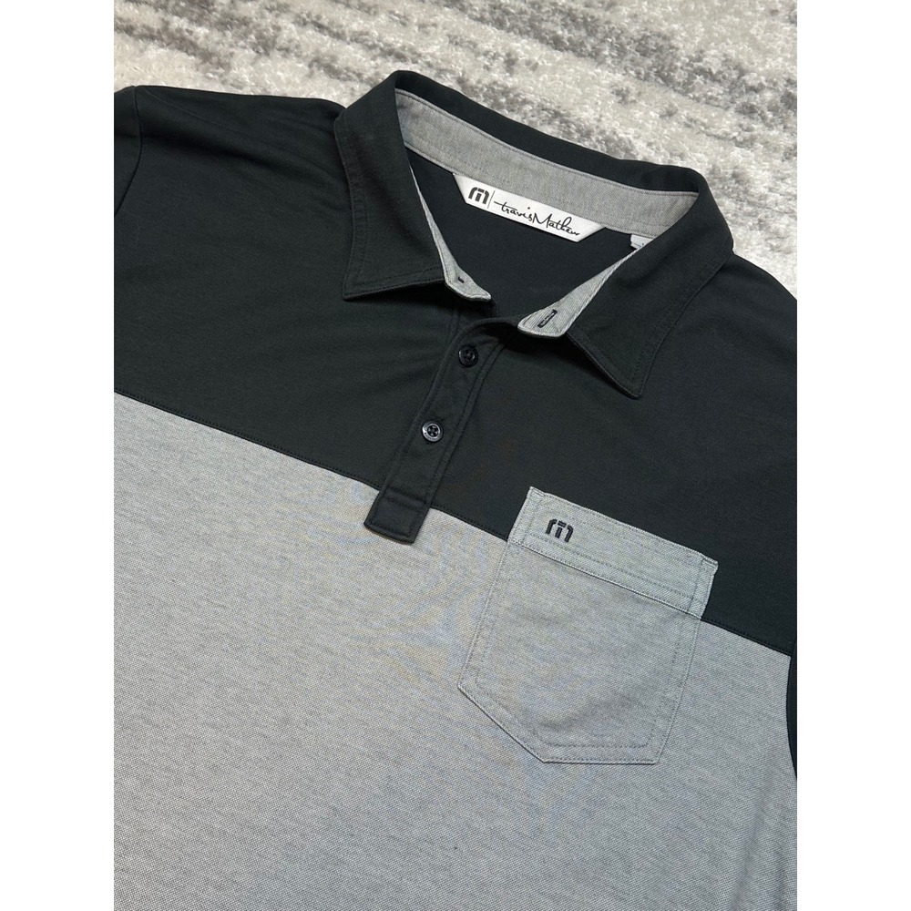 TravisMathew Polo Shirt Mens Large Gray Black Colorblock Chest Pocket Pima Blend
